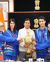 Mansukh Mandaviya felicitates historic World Cup-winning Squash team Mansukh Mandaviya felicitates historic World Cup-winning Squash team67