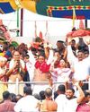 Lakhs of devotees throng Puri to witness Trinity's Snana Purnima ritual Lakhs of devotees throng Puri to witness Trinity's Snana Purnima ritual